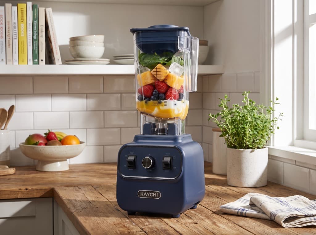Kaychi 1200W Blender with fresh fruits and ice ingredients on kitchen countertop