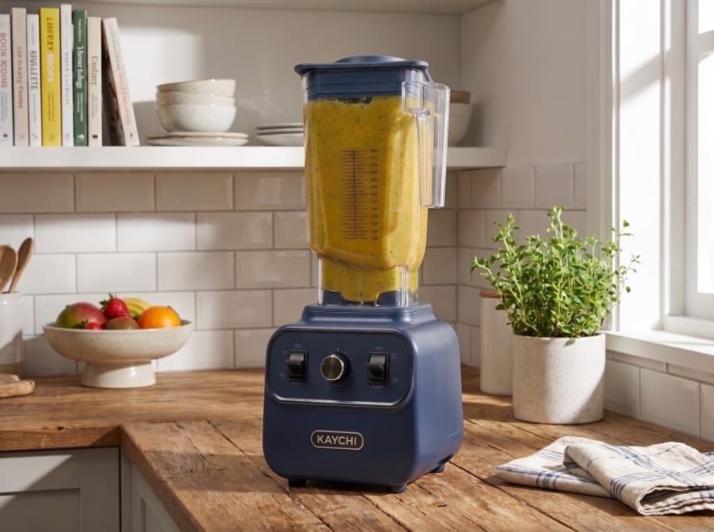 Kaychi 1200W Blender with fresh blended smoothie on wooden kitchen countertop