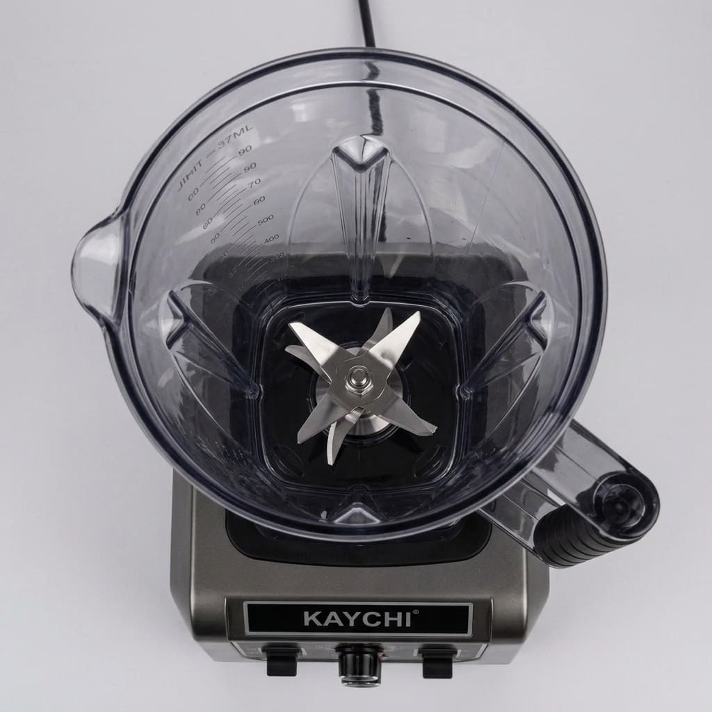 Kaychi Commercial Blender Model HT-9088 top-down view showing heavy-duty stainless steel blades and 7L jar interior