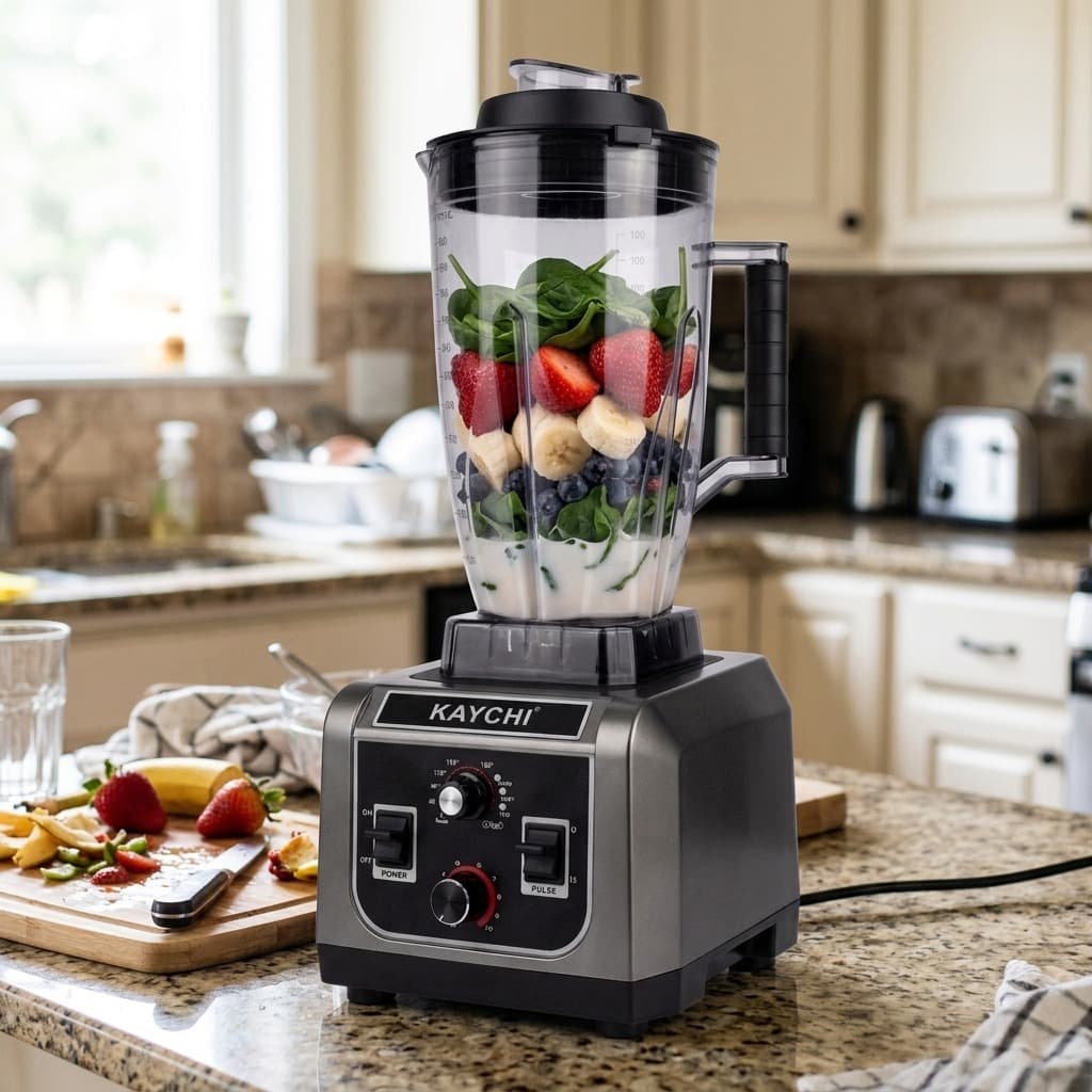 Kaychi Commercial Blender Model HT-9088 loaded with fresh ingredients and fruits on kitchen countertop