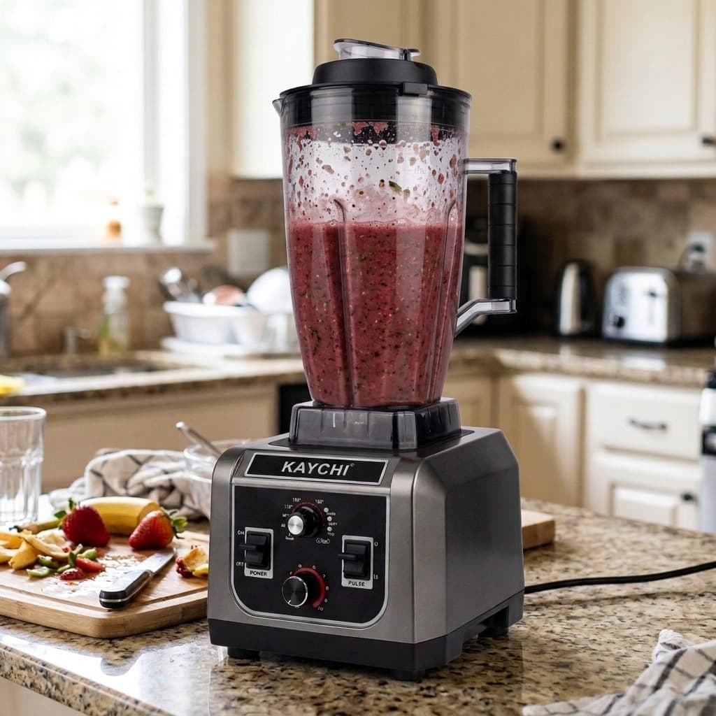 Kaychi Commercial Blender Model HT-9088 with freshly blended smoothie puree on countertop