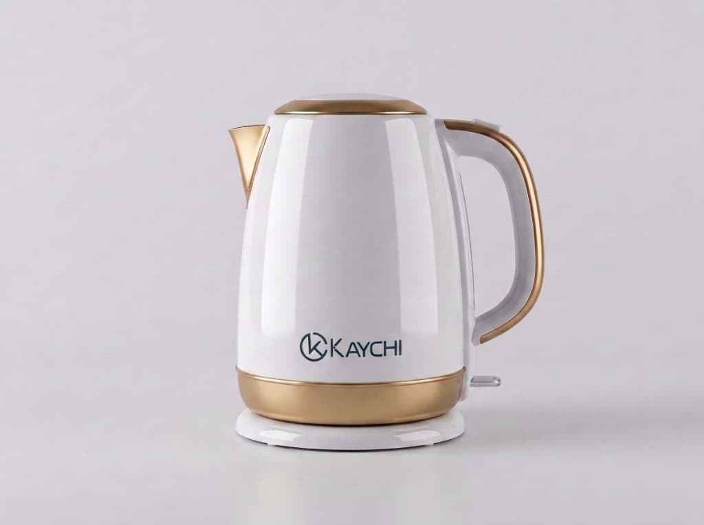 Kaychi Rapid-Boil Electric Kettle in gloss white and champagne gold front view
