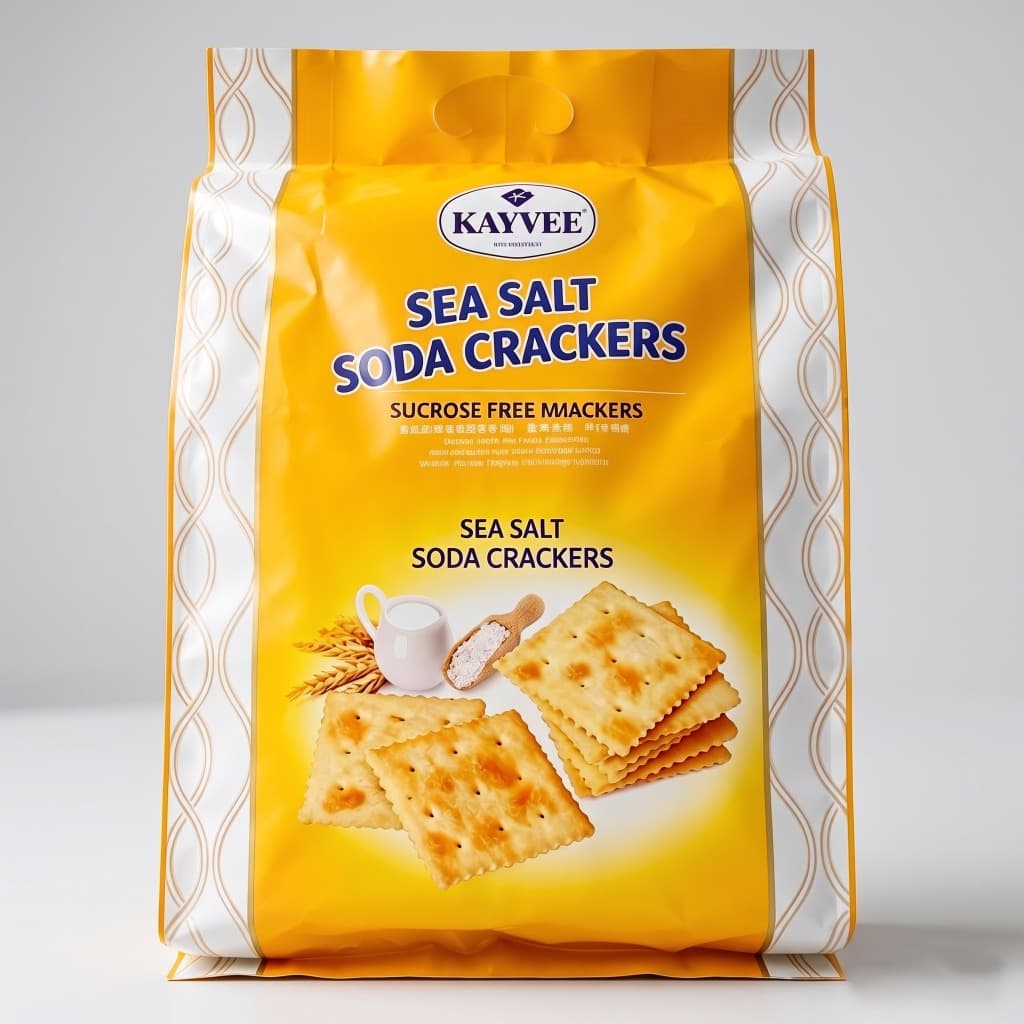 Kayvee Sucrose-Free Sea Salt Soda Crackers package standing view