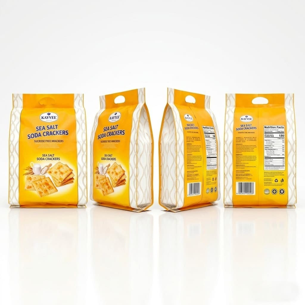 Kayvee Sucrose-Free Sea Salt Soda Crackers packaging multi-angle views