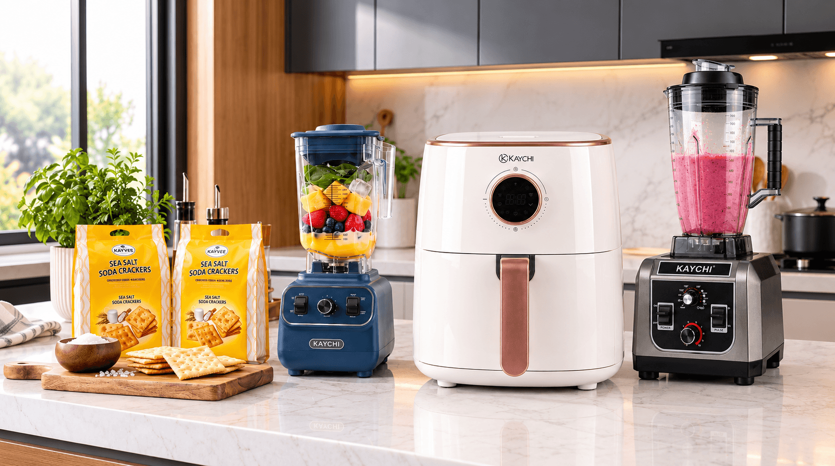 Modern kitchen appliance and snack display on countertop