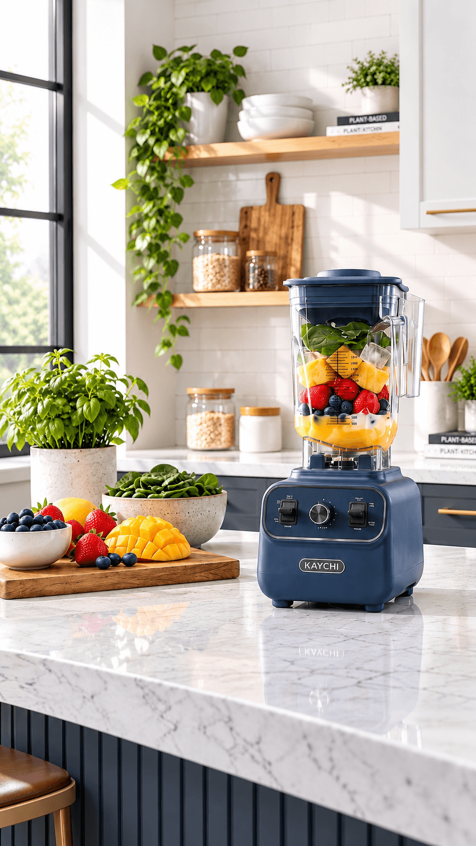 Kaychi 1200W Premium Power Blender with fresh fruits in modern kitchen
