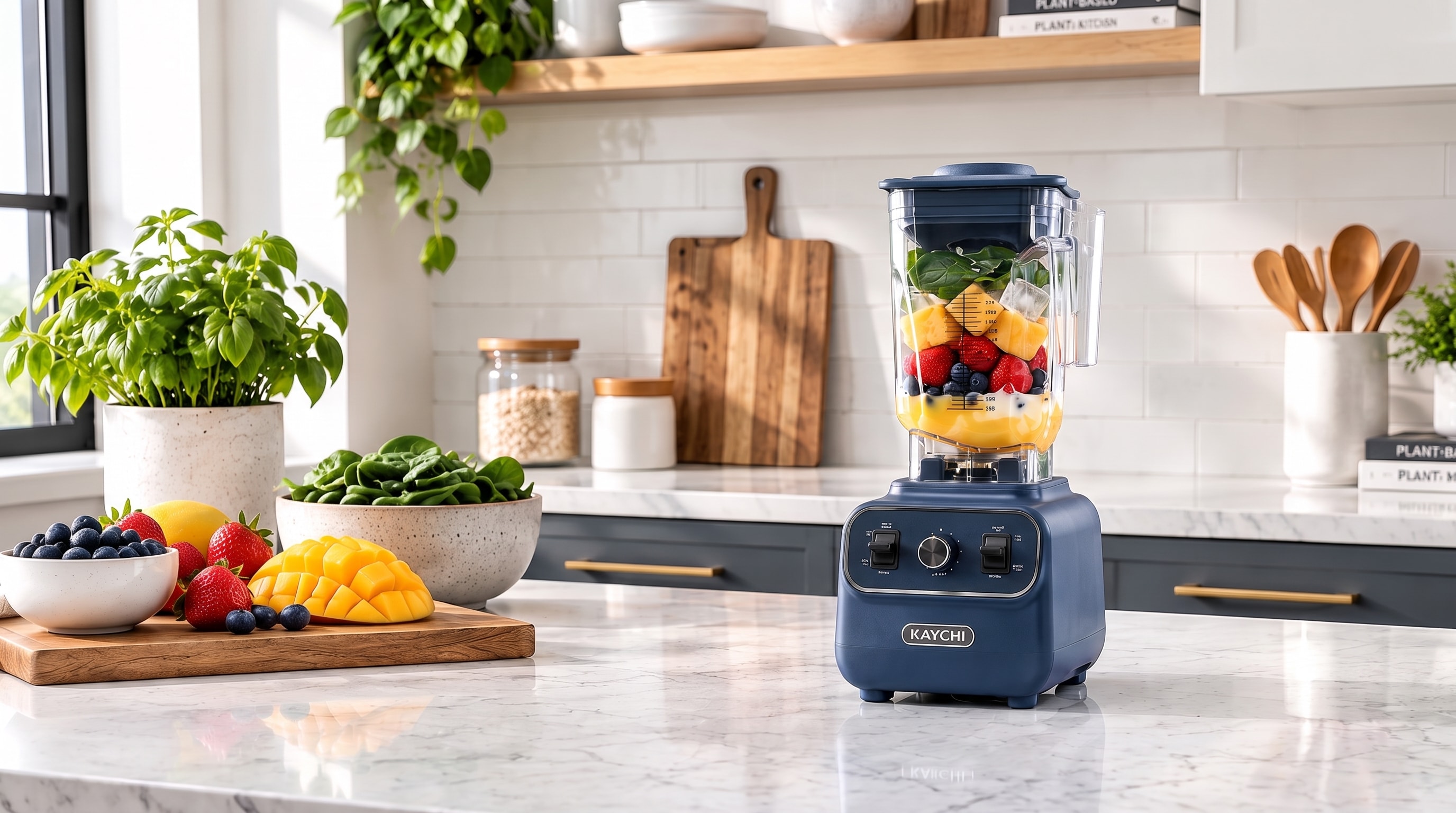 Kaychi 1200W Premium Power Blender with fresh fruits in modern kitchen