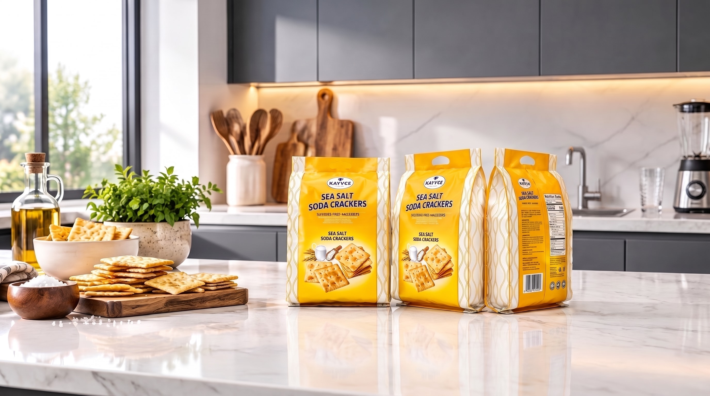 Kayvee Sucrose-Free Sea Salt Soda Crackers packaging standing view