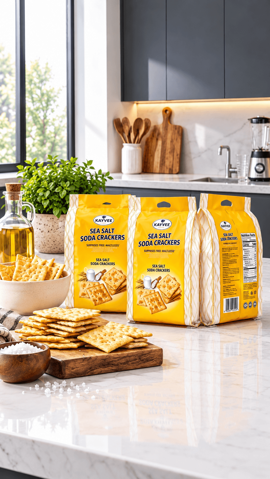 Kayvee Sucrose-Free Sea Salt Soda Crackers packaging standing view