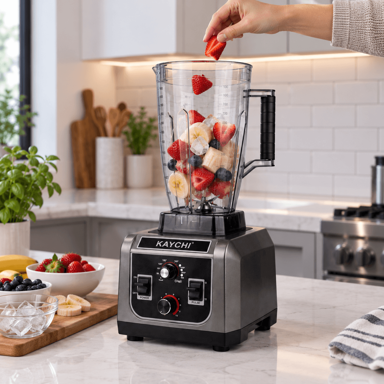Kaychi strawberry blender in modern home kitchen