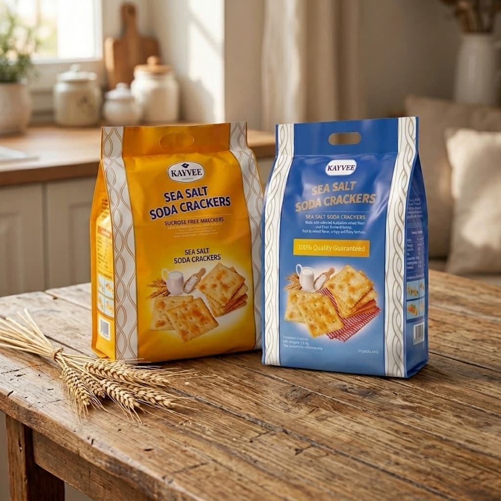 Kayvee Sea Salt and Sucrose-Free Soda Crackers on rustic wooden dining table
